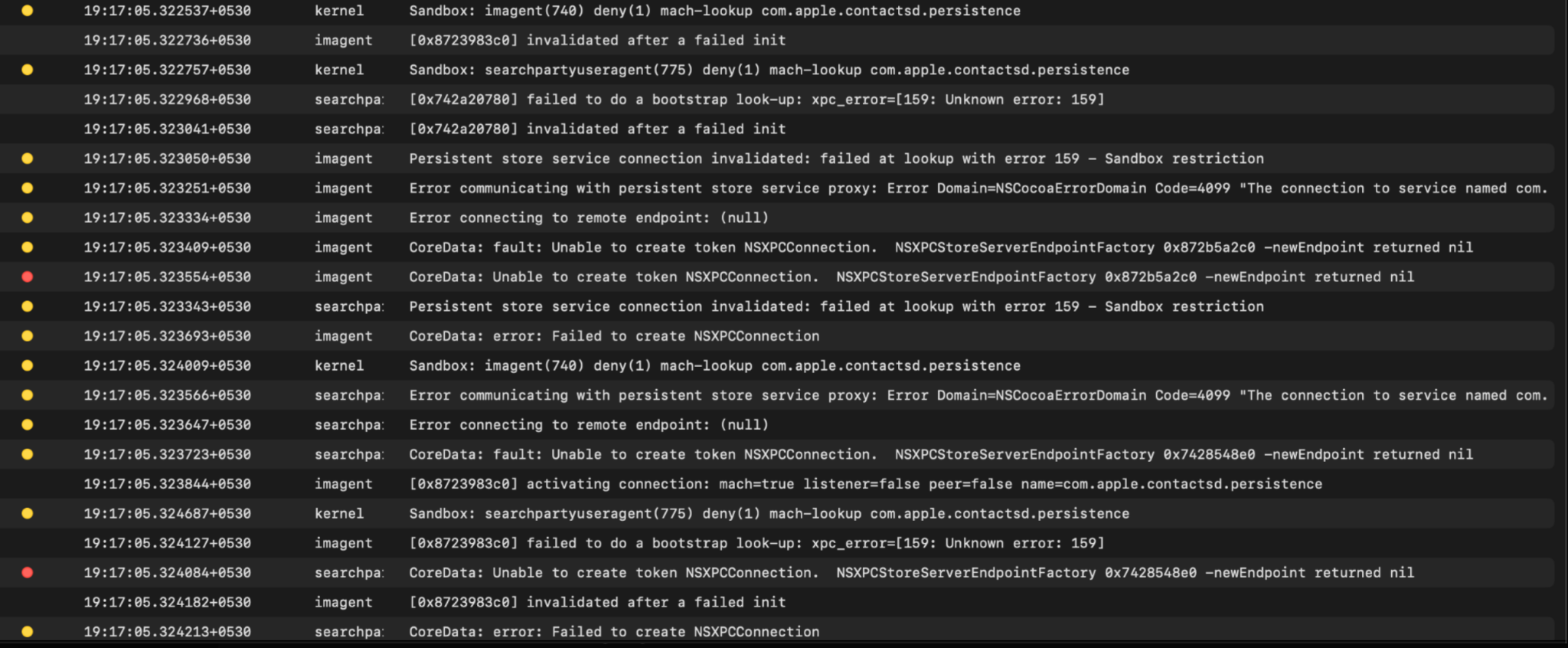 macOS Console logs showing repeated sandbox restriction (error 159) and NSXPCConnection failures related to LaunchServices persistence
